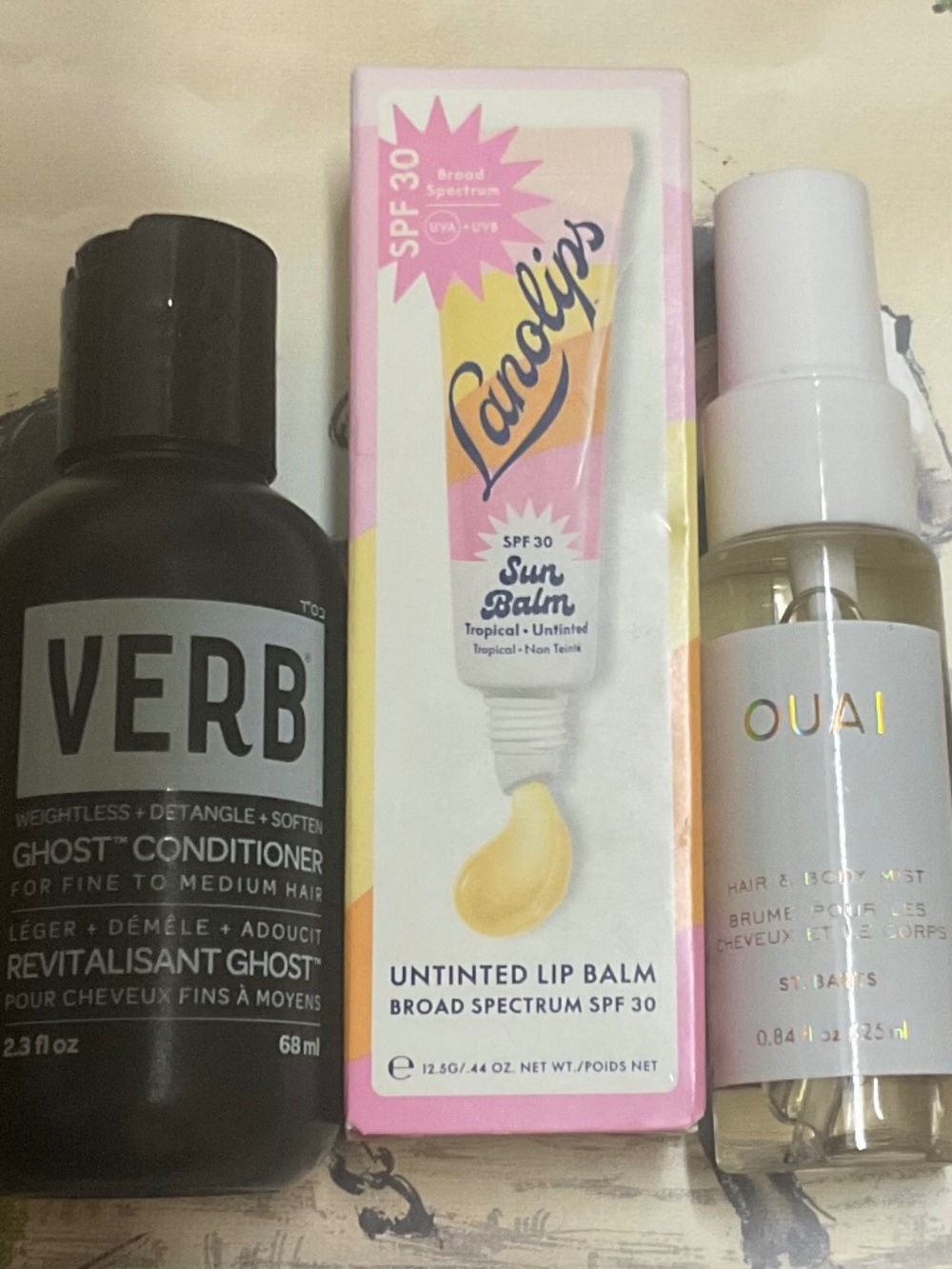Ouai Hair & Body Mist, Verb Ghost Conditioner, Lanolips Untinted Lip Balm SPF 50